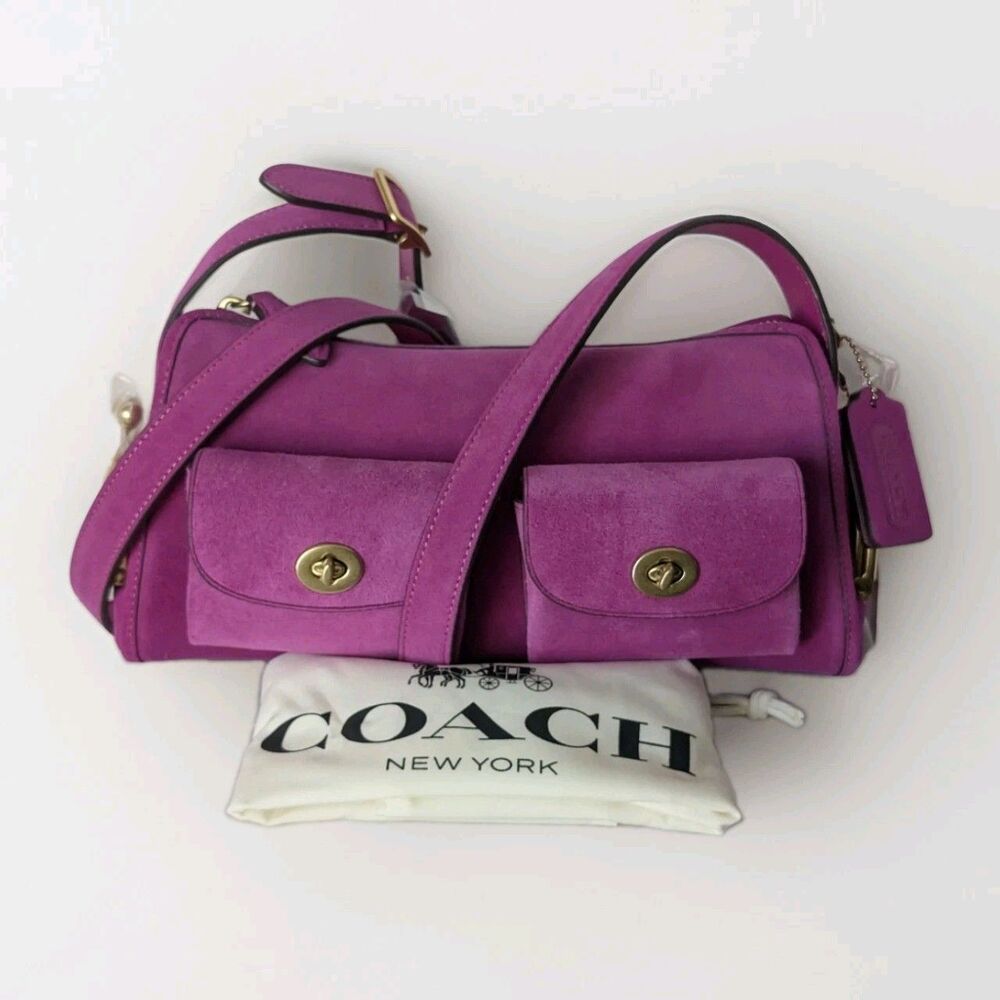 Coach Turnlock Haversack Bag 27 Suede Brass Magenta Pink Shoulder Purse CFQ59
